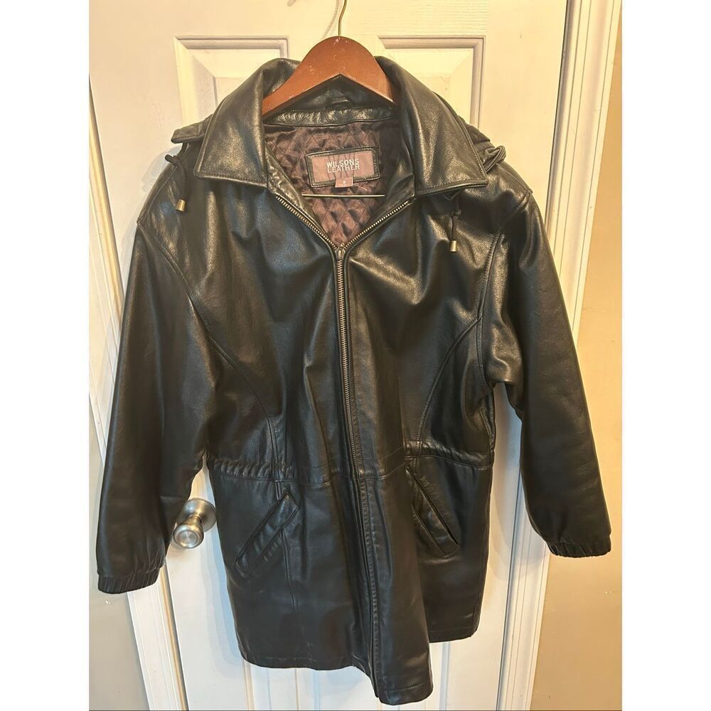 Wilson’s Women’s Black Leather Lined 3/4 Length Coat W/Cinched Waist Size S